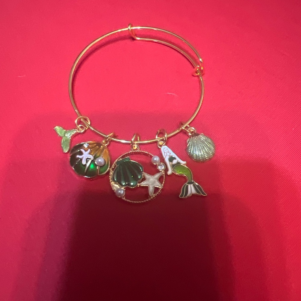 Gold-Tone Green Mermaid Ocean Charm Expandable Bracelet